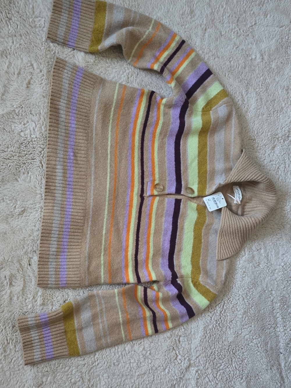 Free People Beige Cowl-Neck Sweater with Purple, Yellow, Orange & Brown Stripes